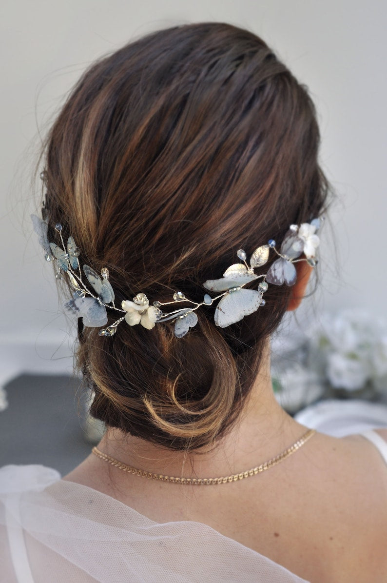 Butterfly headpiece opal blue hair accessory beach bridal hair Vine delicate wedding photo prop bridal crown butterfly hair piece