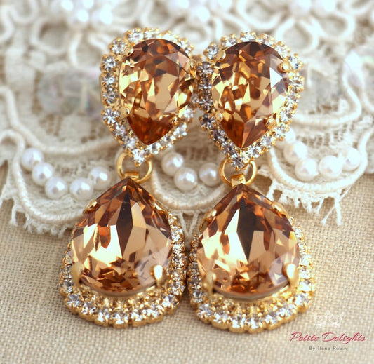 Champagne Earrings, Bridal Champagne earrings, Bridal Swarovski Statement Drop earnings, Bridal Long earrings, Amber chandelier earrings