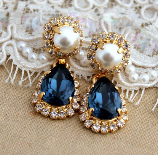 Blue Navy Chandelier Earrings,Navy Blue Drop Earrings,Swarovski Dark Blue Dangle Earrings,Pearl Crystal Chandelier Earrings,Bridal Earrings