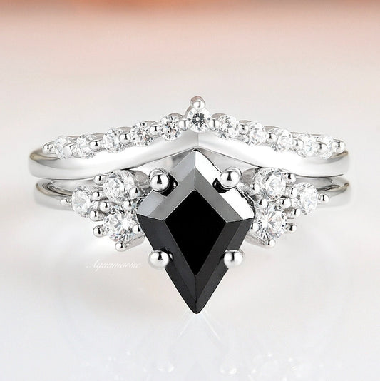 Kite Black Diamond Ring Set- Sterling Silver Kite Black Onyx Engagement Ring For Women - Promise Ring- Anniversary Birthday Gift For Her
